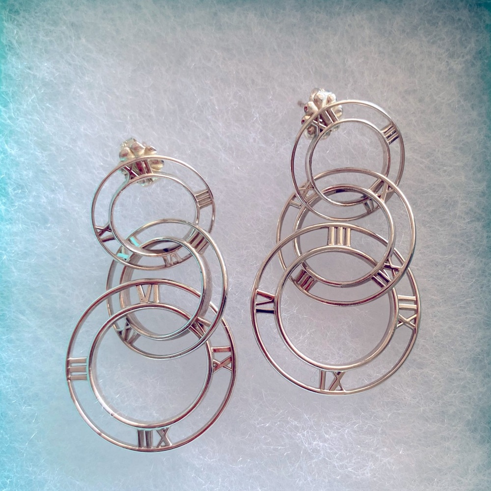 Tiffany & Co Atlas Graduating Hoop Drop Roman Numeral Earrings pierced